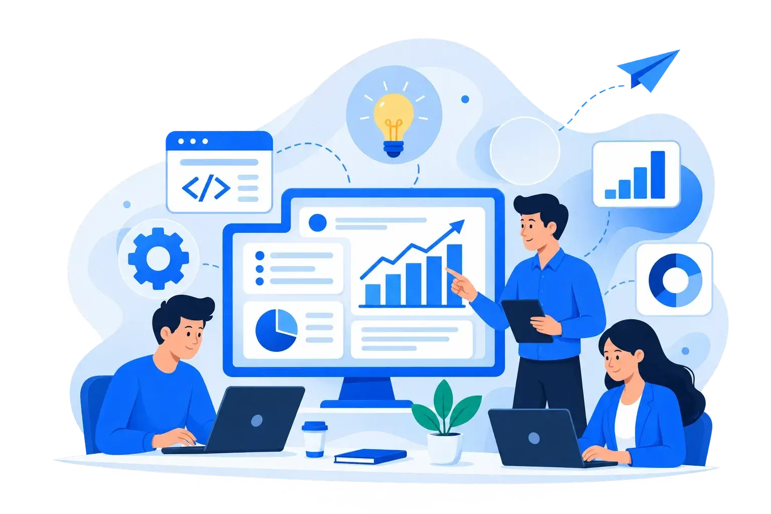 Business handshake with remote team, HR, and support staff illustration